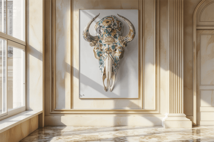 WANDBILD "Porzellan-Stierschädel mit floralen Motiven – Delfter Blue Stil" – Acrylglas & Alu-Dibond | Exklusive Limitierte und Moderne Kunst | 1 von 50 Weltweit in Museumsqualität