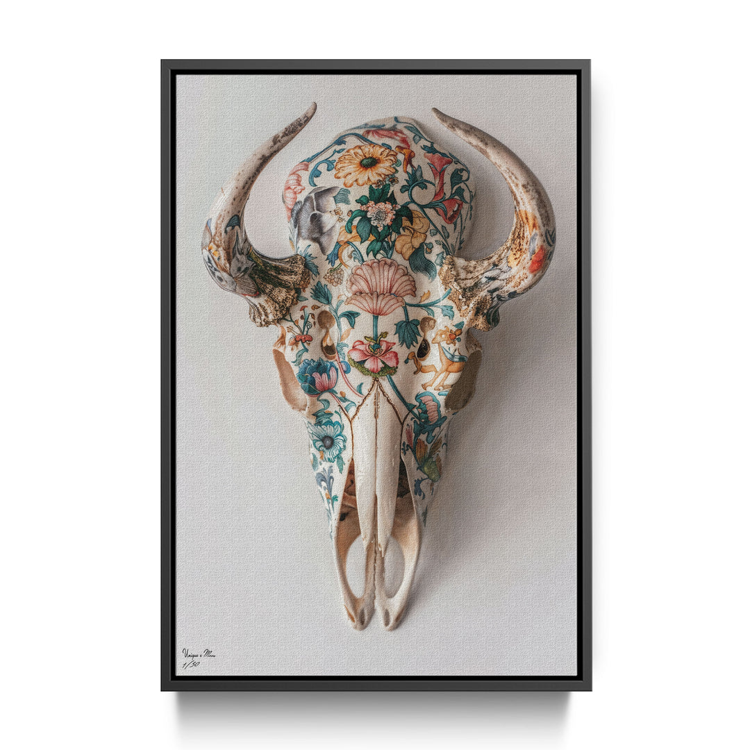 WANDBILD "Porzellan-Stierschädel mit floralen Motiven – Delfter Blue Stil" – Acrylglas & Alu-Dibond | Exklusive Limitierte und Moderne Kunst | 1 von 50 Weltweit in Museumsqualität