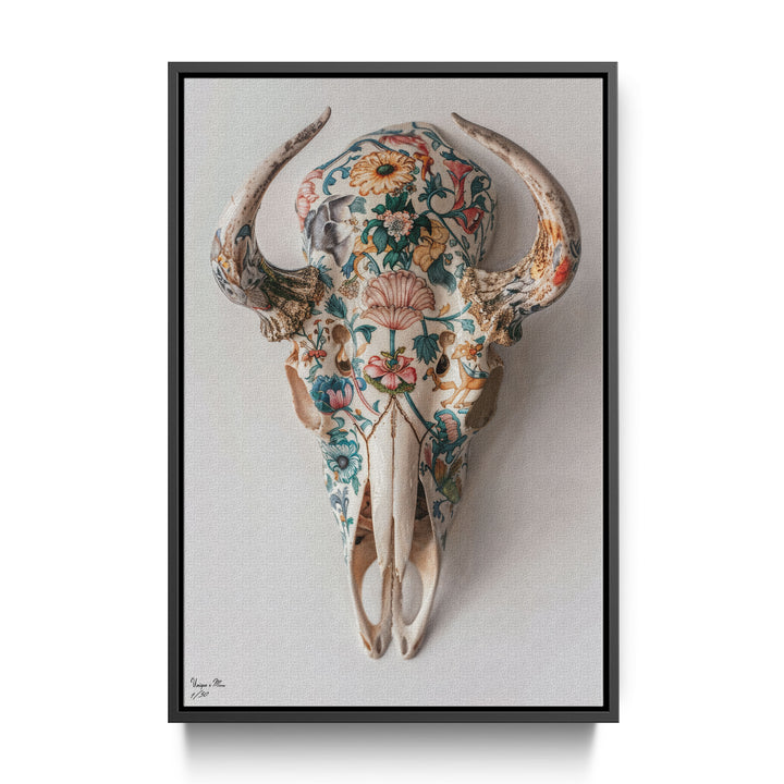 WANDBILD "Porzellan-Stierschädel mit floralen Motiven – Delfter Blue Stil" – Acrylglas & Alu-Dibond | Exklusive Limitierte und Moderne Kunst | 1 von 50 Weltweit in Museumsqualität