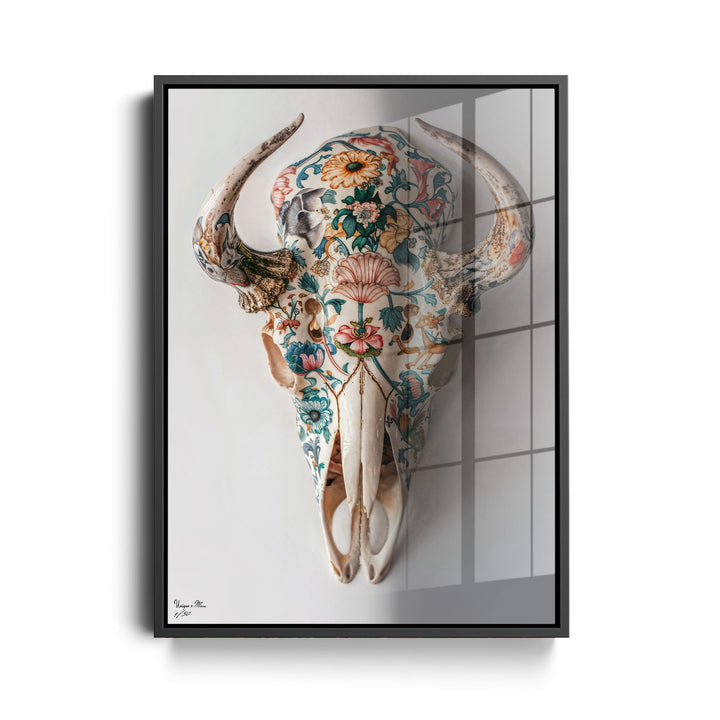 WANDBILD "Porzellan-Stierschädel mit floralen Motiven – Delfter Blue Stil" – Acrylglas & Alu-Dibond | Exklusive Limitierte und Moderne Kunst | 1 von 50 Weltweit in Museumsqualität