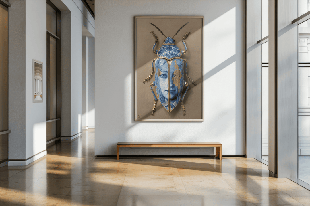 WANDBILD "Porzellan-Käfer mit Porträtmotiven – Delfter Blue Stil" – Acrylglas & Alu-Dibond | Exklusive Limitierte und Moderne Kunst | 1 von 50 Weltweit in Museumsqualität