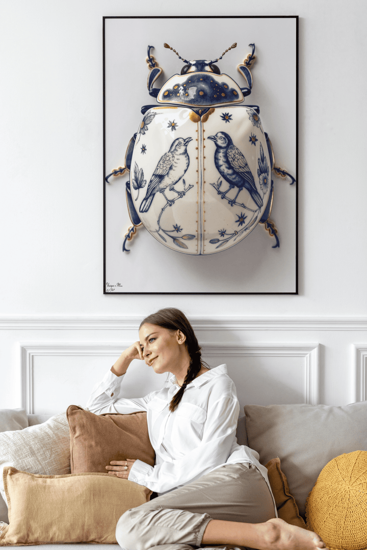 WANDBILD "Porzellan-Käfer mit Singvögeln – Delfter Blue Stil" – Acrylglas & Alu-Dibond | Exklusive Limitierte und Moderne Kunst | 1 von 50 Weltweit in Museumsqualität