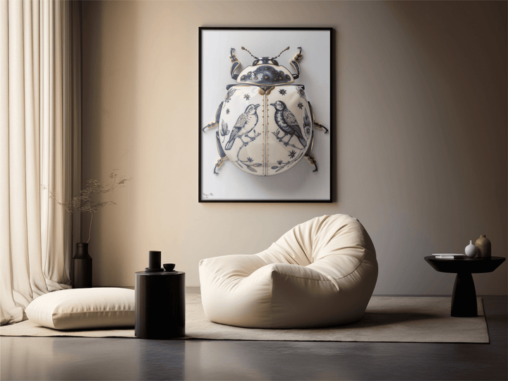 WANDBILD "Porzellan-Käfer mit Singvögeln – Delfter Blue Stil" – Acrylglas & Alu-Dibond | Exklusive Limitierte und Moderne Kunst | 1 von 50 Weltweit in Museumsqualität