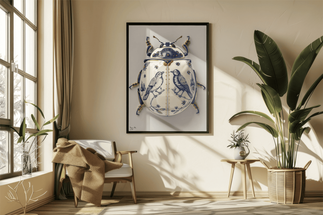 WANDBILD "Porzellan-Käfer mit Singvögeln – Delfter Blue Stil" – Acrylglas & Alu-Dibond | Exklusive Limitierte und Moderne Kunst | 1 von 50 Weltweit in Museumsqualität