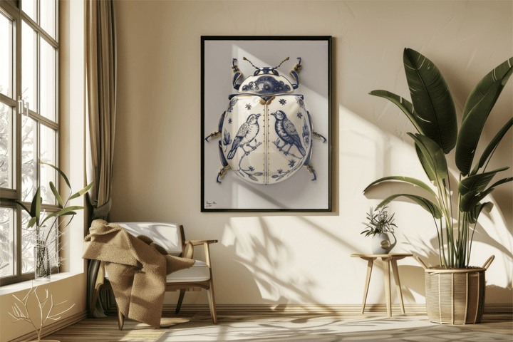 WANDBILD "Porzellan-Käfer mit Singvögeln – Delfter Blue Stil" – Acrylglas & Alu-Dibond | Exklusive Limitierte und Moderne Kunst | 1 von 50 Weltweit in Museumsqualität