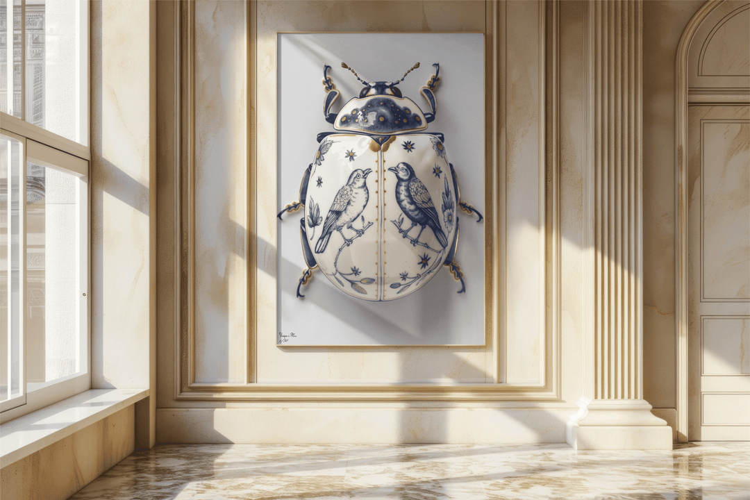 WANDBILD "Porzellan-Käfer mit Singvögeln – Delfter Blue Stil" – Acrylglas & Alu-Dibond | Exklusive Limitierte und Moderne Kunst | 1 von 50 Weltweit in Museumsqualität