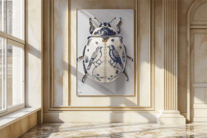 WANDBILD "Porzellan-Käfer mit Singvögeln – Delfter Blue Stil" – Acrylglas & Alu-Dibond | Exklusive Limitierte und Moderne Kunst | 1 von 50 Weltweit in Museumsqualität