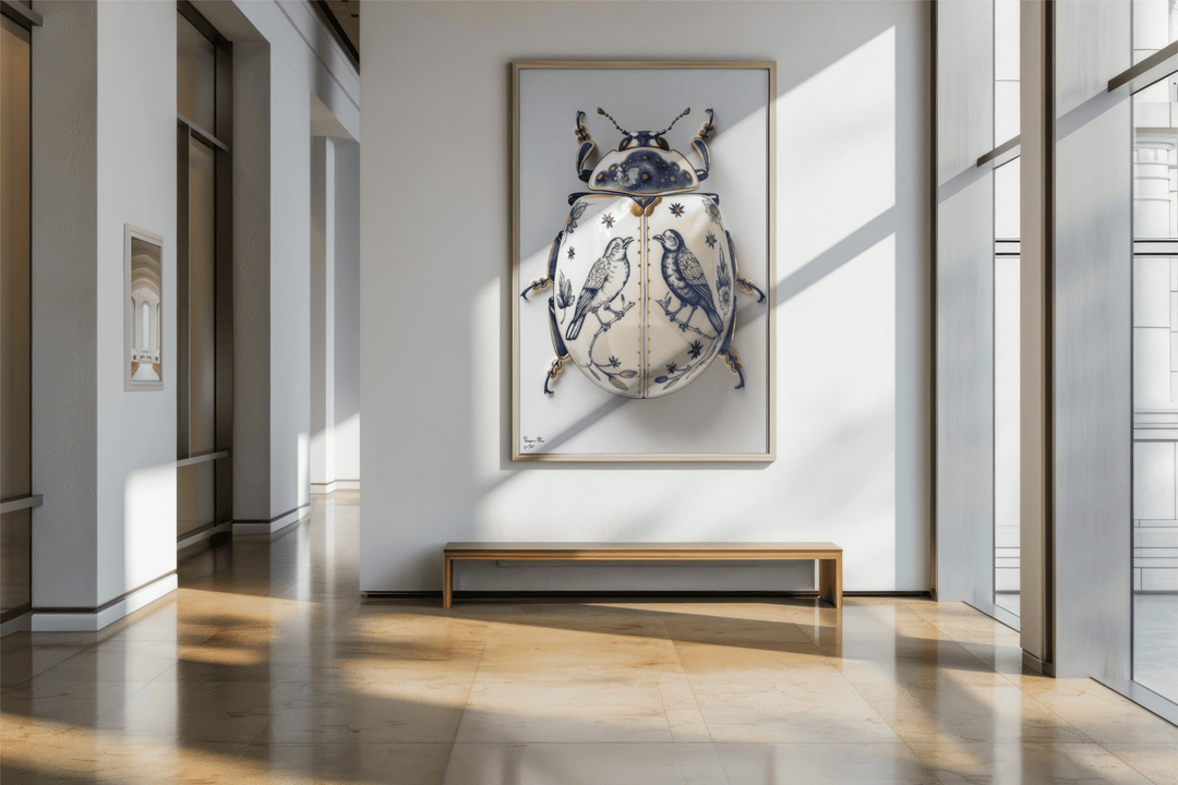 WANDBILD "Porzellan-Käfer mit Singvögeln – Delfter Blue Stil" – Acrylglas & Alu-Dibond | Exklusive Limitierte und Moderne Kunst | 1 von 50 Weltweit in Museumsqualität
