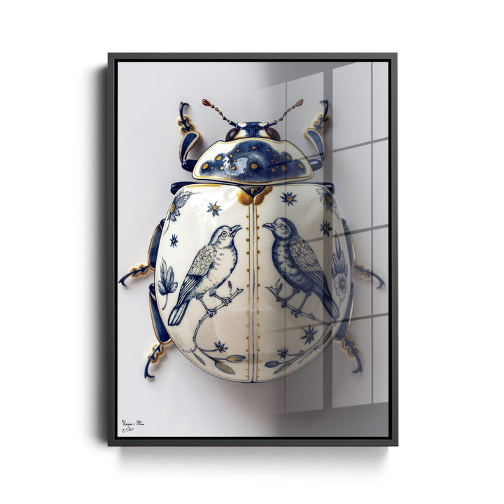 WANDBILD "Porzellan-Käfer mit Singvögeln – Delfter Blue Stil" – Acrylglas & Alu-Dibond | Exklusive Limitierte und Moderne Kunst | 1 von 50 Weltweit in Museumsqualität