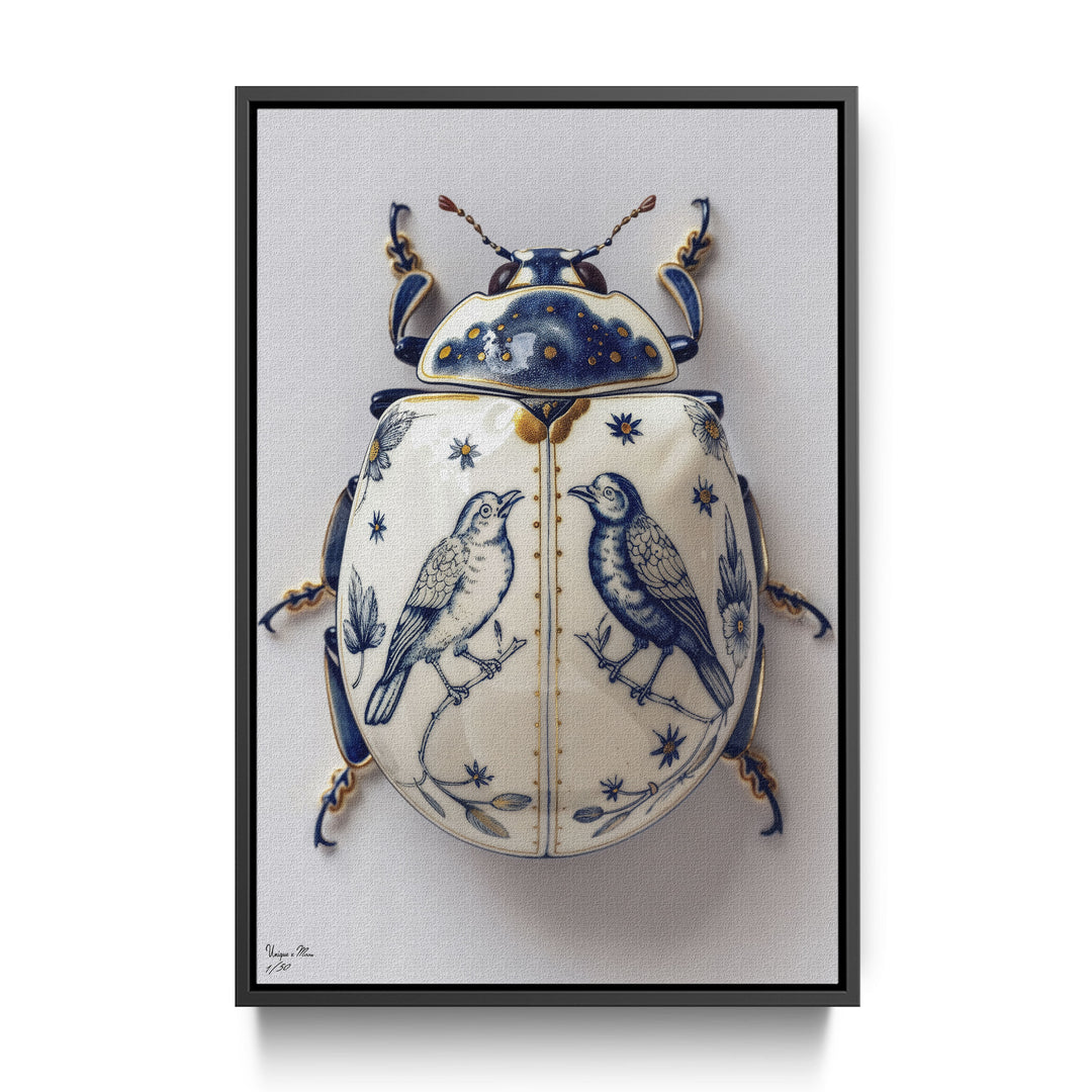 WANDBILD "Porzellan-Käfer mit Singvögeln – Delfter Blue Stil" – Acrylglas & Alu-Dibond | Exklusive Limitierte und Moderne Kunst | 1 von 50 Weltweit in Museumsqualität