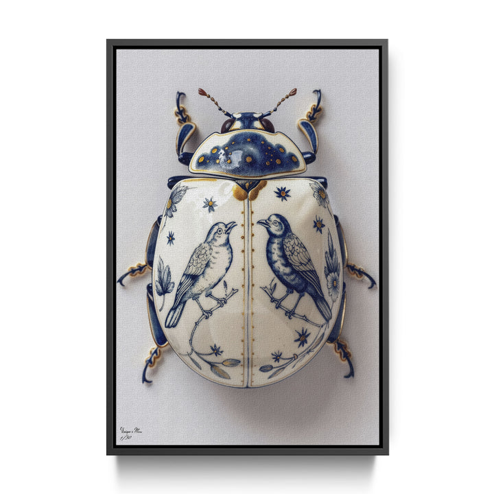 WANDBILD "Porzellan-Käfer mit Singvögeln – Delfter Blue Stil" – Acrylglas & Alu-Dibond | Exklusive Limitierte und Moderne Kunst | 1 von 50 Weltweit in Museumsqualität