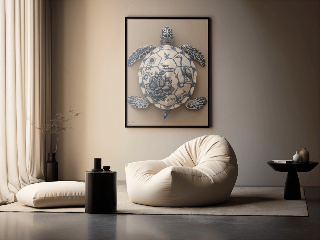 WANDBILD "Porzellan-Schildkröte mit floralen Motiven – Delfter Blue Stil" – Acrylglas & Alu-Dibond | Exklusive Limitierte und Moderne Kunst | 1 von 50 Weltweit in Museumsqualität