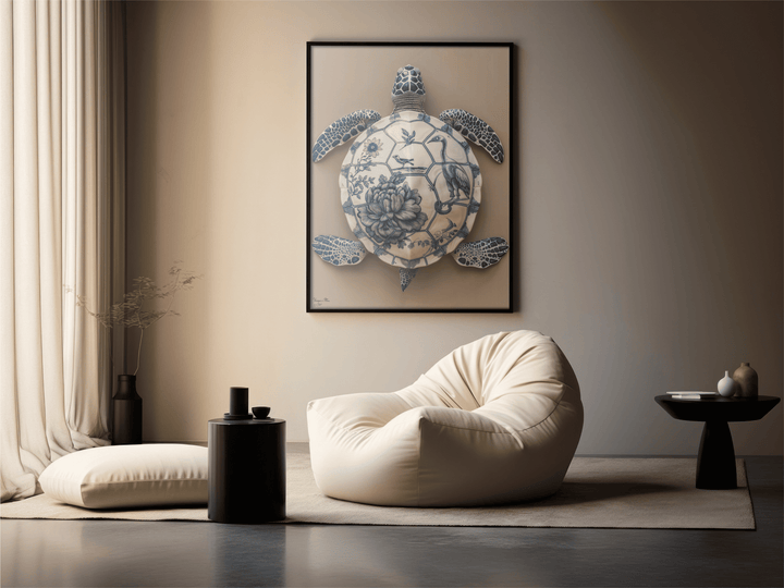 WANDBILD "Porzellan-Schildkröte mit floralen Motiven – Delfter Blue Stil" – Acrylglas & Alu-Dibond | Exklusive Limitierte und Moderne Kunst | 1 von 50 Weltweit in Museumsqualität