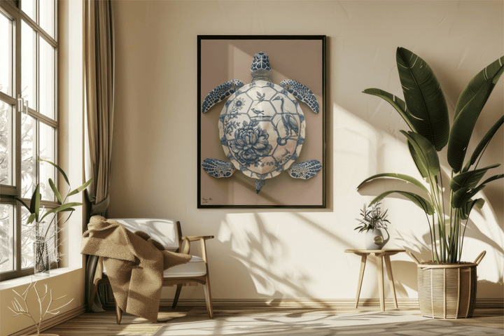 WANDBILD "Porzellan-Schildkröte mit floralen Motiven – Delfter Blue Stil" – Acrylglas & Alu-Dibond | Exklusive Limitierte und Moderne Kunst | 1 von 50 Weltweit in Museumsqualität