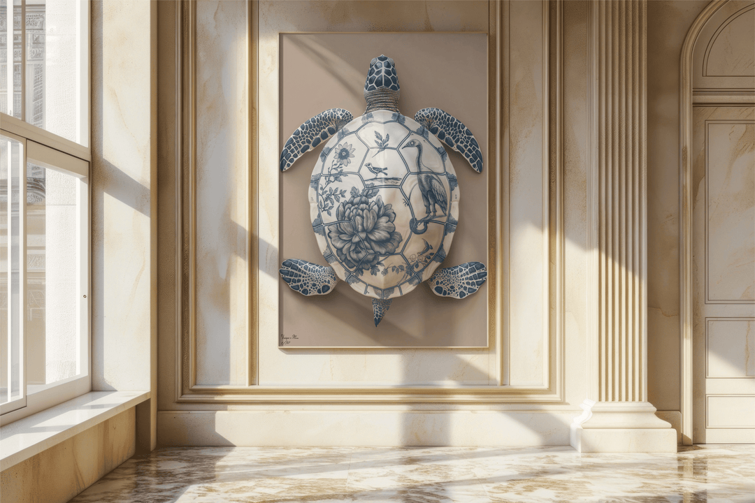 WANDBILD "Porzellan-Schildkröte mit floralen Motiven – Delfter Blue Stil" – Acrylglas & Alu-Dibond | Exklusive Limitierte und Moderne Kunst | 1 von 50 Weltweit in Museumsqualität
