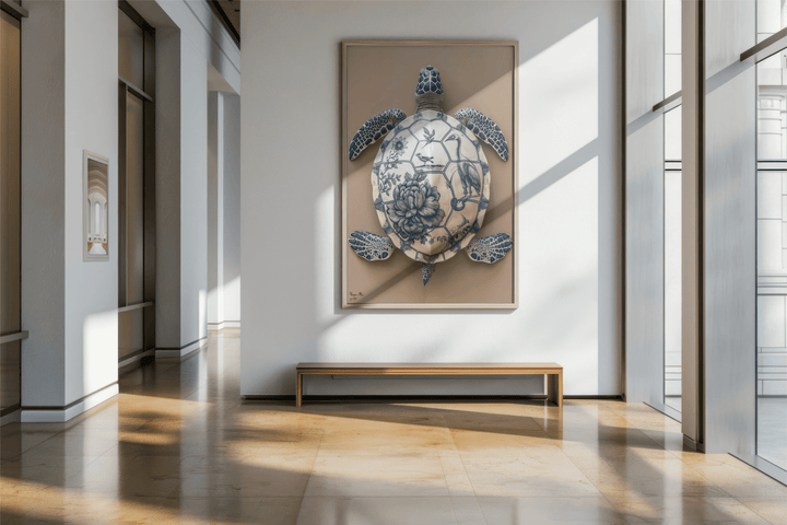 WANDBILD "Porzellan-Schildkröte mit floralen Motiven – Delfter Blue Stil" – Acrylglas & Alu-Dibond | Exklusive Limitierte und Moderne Kunst | 1 von 50 Weltweit in Museumsqualität