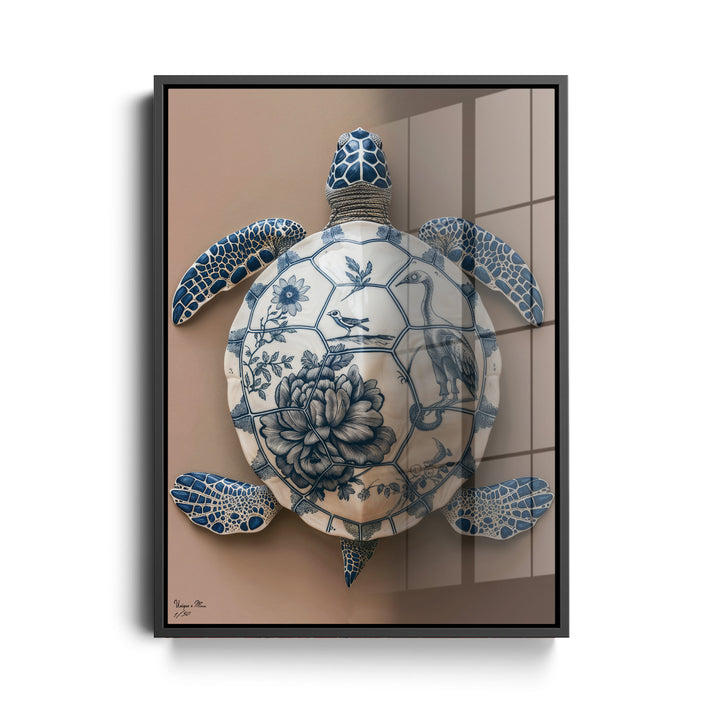 WANDBILD "Porzellan-Schildkröte mit floralen Motiven – Delfter Blue Stil" – Acrylglas & Alu-Dibond | Exklusive Limitierte und Moderne Kunst | 1 von 50 Weltweit in Museumsqualität