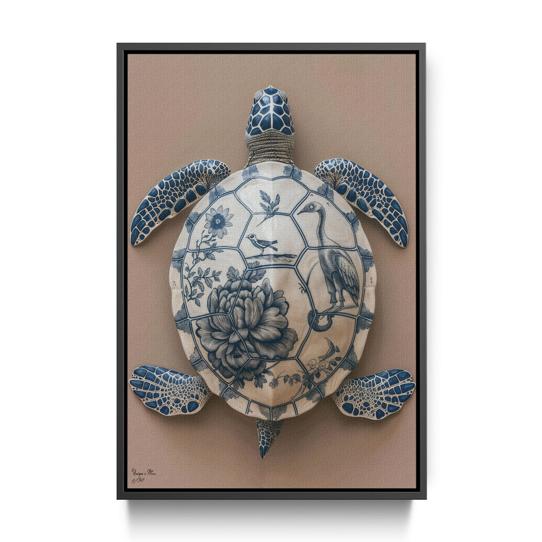 WANDBILD "Porzellan-Schildkröte mit floralen Motiven – Delfter Blue Stil" – Acrylglas & Alu-Dibond | Exklusive Limitierte und Moderne Kunst | 1 von 50 Weltweit in Museumsqualität
