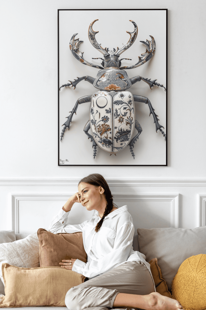 WANDBILD "Porzellan-Hirschkäfer mit floralen Motiven – Delfter Blue Stil" – Acrylglas & Alu-Dibond | Exklusive Limitierte und Moderne Kunst | 1 von 50 Weltweit in Museumsqualität