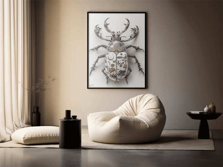 WANDBILD "Porzellan-Hirschkäfer mit floralen Motiven – Delfter Blue Stil" – Acrylglas & Alu-Dibond | Exklusive Limitierte und Moderne Kunst | 1 von 50 Weltweit in Museumsqualität