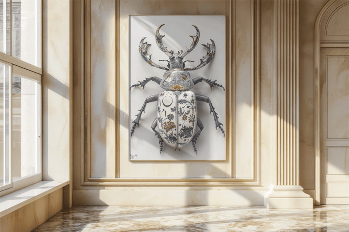 WANDBILD "Porzellan-Hirschkäfer mit floralen Motiven – Delfter Blue Stil" – Acrylglas & Alu-Dibond | Exklusive Limitierte und Moderne Kunst | 1 von 50 Weltweit in Museumsqualität