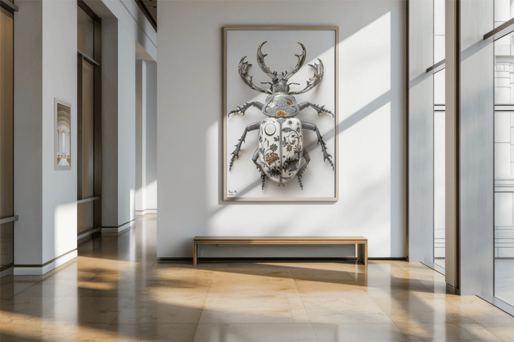 WANDBILD "Porzellan-Hirschkäfer mit floralen Motiven – Delfter Blue Stil" – Acrylglas & Alu-Dibond | Exklusive Limitierte und Moderne Kunst | 1 von 50 Weltweit in Museumsqualität