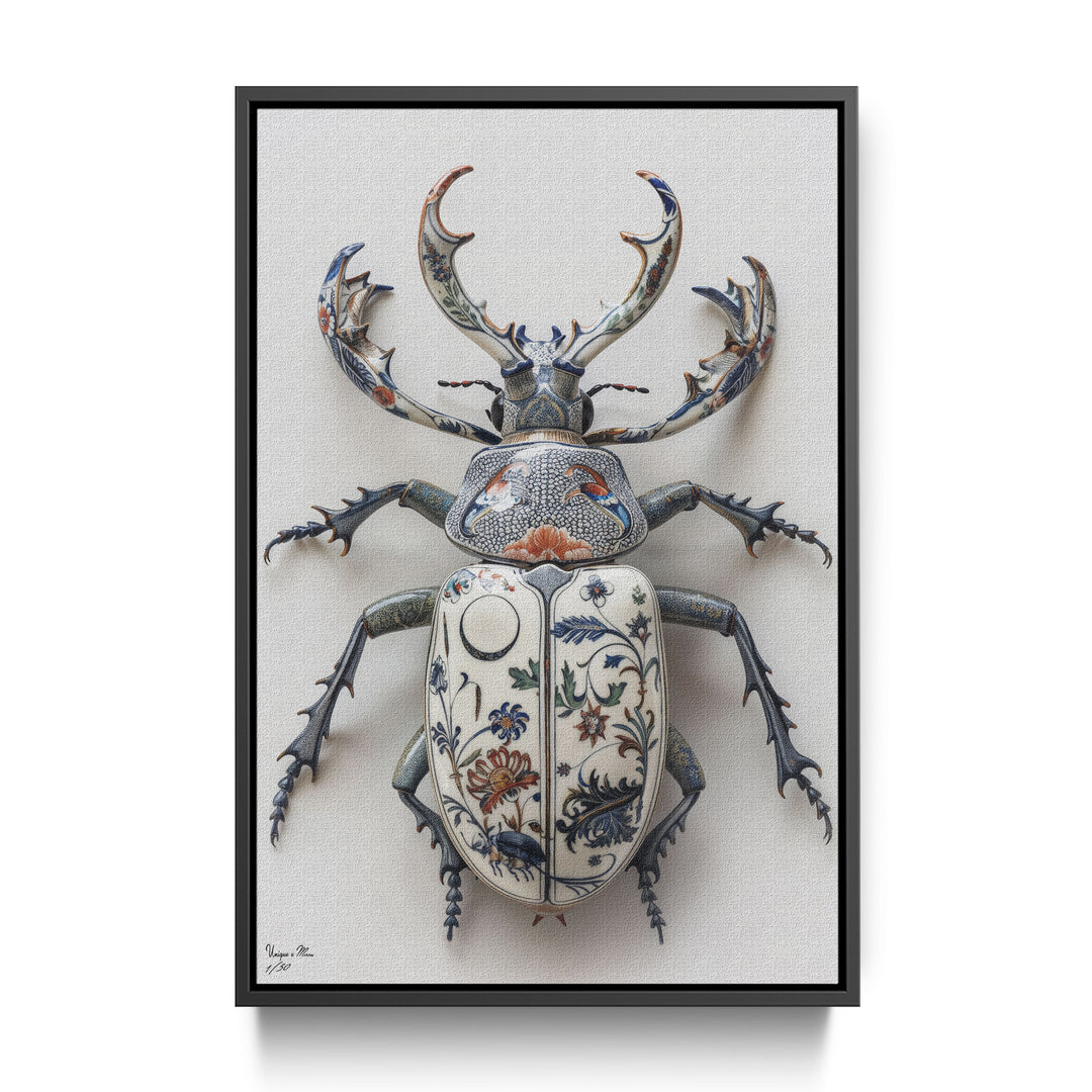 WANDBILD "Porzellan-Hirschkäfer mit floralen Motiven – Delfter Blue Stil" – Acrylglas & Alu-Dibond | Exklusive Limitierte und Moderne Kunst | 1 von 50 Weltweit in Museumsqualität