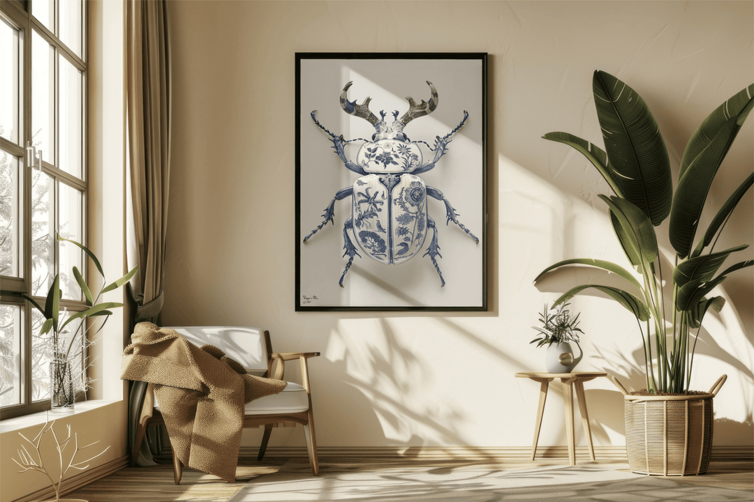 WANDBILD "Porzellan-Hirschkäfer mit botanischen Motiven – Delfter Blue Stil" – Acrylglas & Alu-Dibond | Exklusive Limitierte und Moderne Kunst | 1 von 50 Weltweit in Museumsqualität