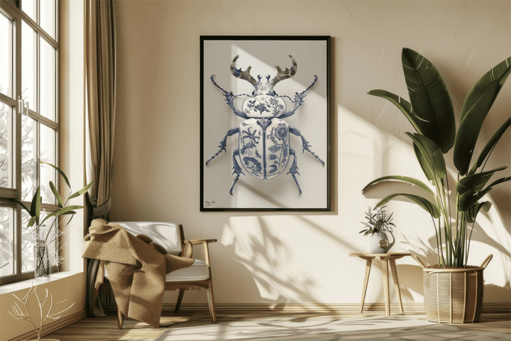 WANDBILD "Porzellan-Hirschkäfer mit botanischen Motiven – Delfter Blue Stil" – Acrylglas & Alu-Dibond | Exklusive Limitierte und Moderne Kunst | 1 von 50 Weltweit in Museumsqualität
