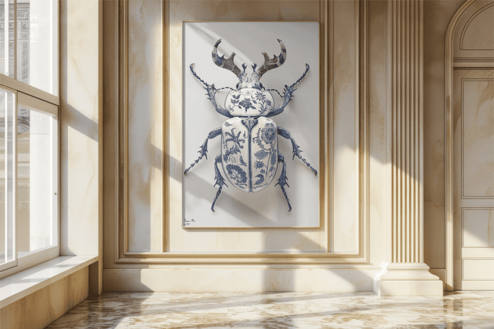 WANDBILD "Porzellan-Hirschkäfer mit botanischen Motiven – Delfter Blue Stil" – Acrylglas & Alu-Dibond | Exklusive Limitierte und Moderne Kunst | 1 von 50 Weltweit in Museumsqualität