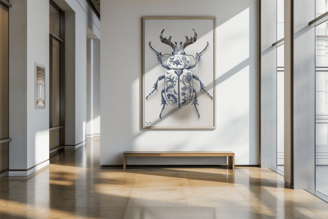 WANDBILD "Porzellan-Hirschkäfer mit botanischen Motiven – Delfter Blue Stil" – Acrylglas & Alu-Dibond | Exklusive Limitierte und Moderne Kunst | 1 von 50 Weltweit in Museumsqualität