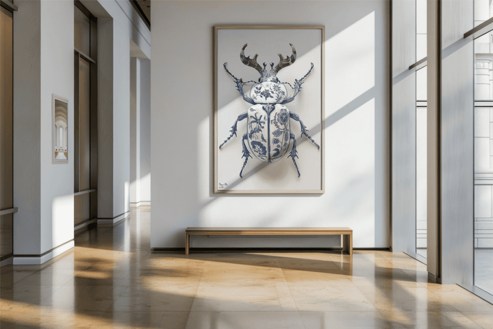 WANDBILD "Porzellan-Hirschkäfer mit botanischen Motiven – Delfter Blue Stil" – Acrylglas & Alu-Dibond | Exklusive Limitierte und Moderne Kunst | 1 von 50 Weltweit in Museumsqualität