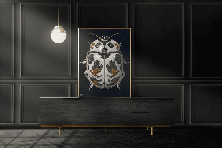 WANDBILD "Porzellan-Käfer mit Vogel- und Blumenmotiven – Delfter Blue Stil" – Acrylglas & Alu-Dibond | Exklusive Limitierte und Moderne Kunst | 1 von 50 Weltweit in Museumsqualität
