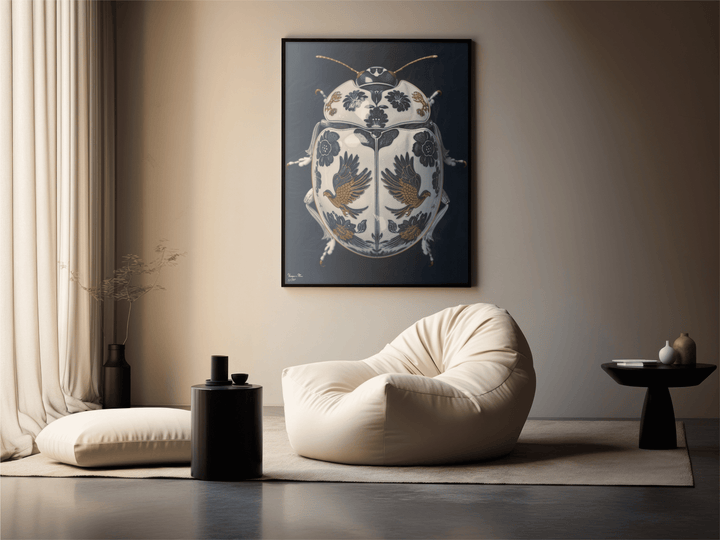 WANDBILD "Porzellan-Käfer mit Vogel- und Blumenmotiven – Delfter Blue Stil" – Acrylglas & Alu-Dibond | Exklusive Limitierte und Moderne Kunst | 1 von 50 Weltweit in Museumsqualität