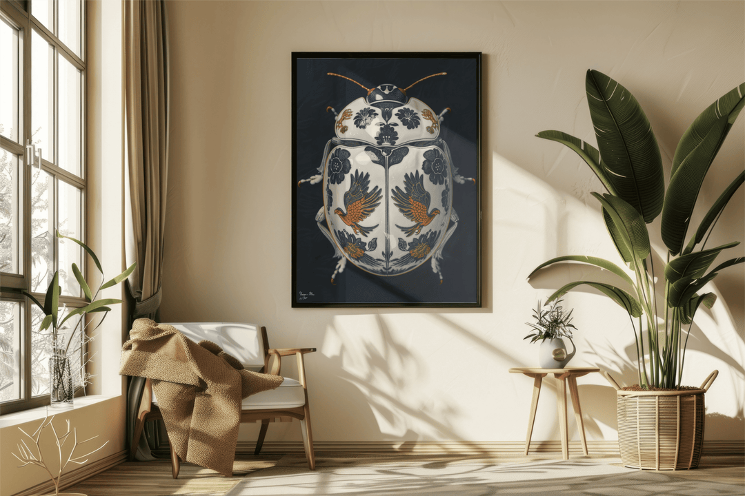 WANDBILD "Porzellan-Käfer mit Vogel- und Blumenmotiven – Delfter Blue Stil" – Acrylglas & Alu-Dibond | Exklusive Limitierte und Moderne Kunst | 1 von 50 Weltweit in Museumsqualität