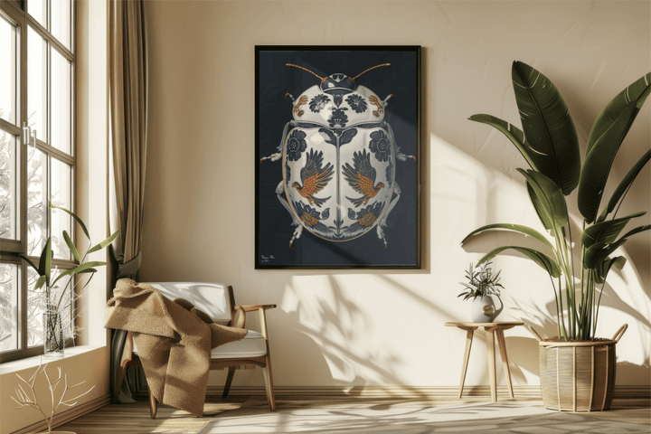 WANDBILD "Porzellan-Käfer mit Vogel- und Blumenmotiven – Delfter Blue Stil" – Acrylglas & Alu-Dibond | Exklusive Limitierte und Moderne Kunst | 1 von 50 Weltweit in Museumsqualität