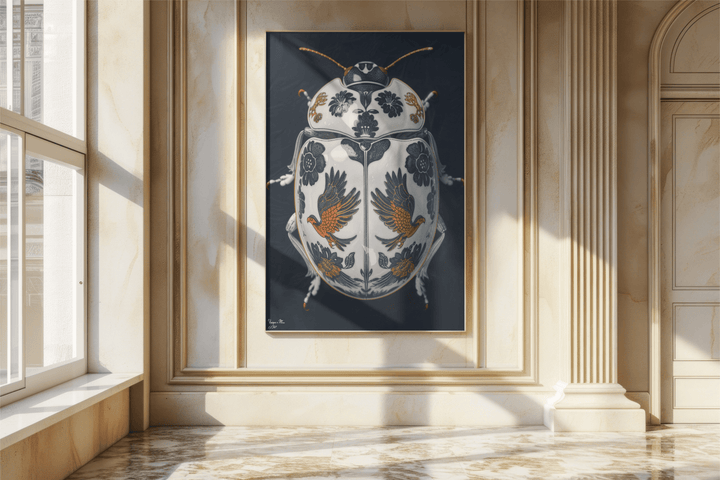 WANDBILD "Porzellan-Käfer mit Vogel- und Blumenmotiven – Delfter Blue Stil" – Acrylglas & Alu-Dibond | Exklusive Limitierte und Moderne Kunst | 1 von 50 Weltweit in Museumsqualität