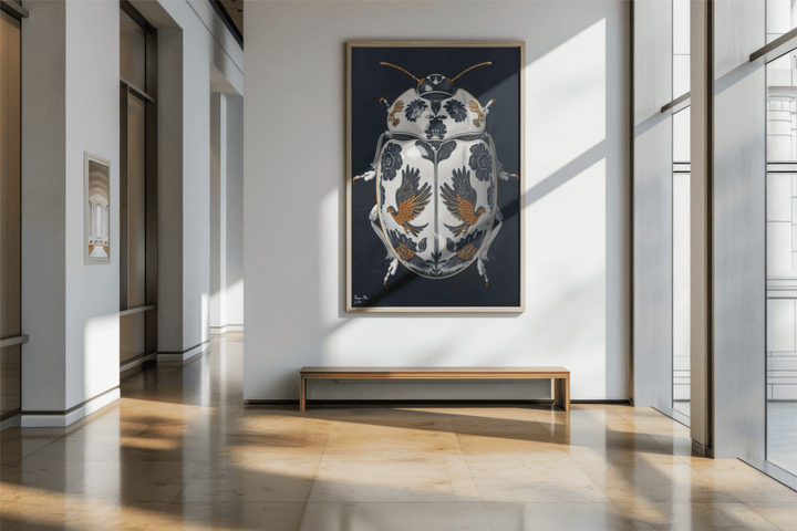 WANDBILD "Porzellan-Käfer mit Vogel- und Blumenmotiven – Delfter Blue Stil" – Acrylglas & Alu-Dibond | Exklusive Limitierte und Moderne Kunst | 1 von 50 Weltweit in Museumsqualität