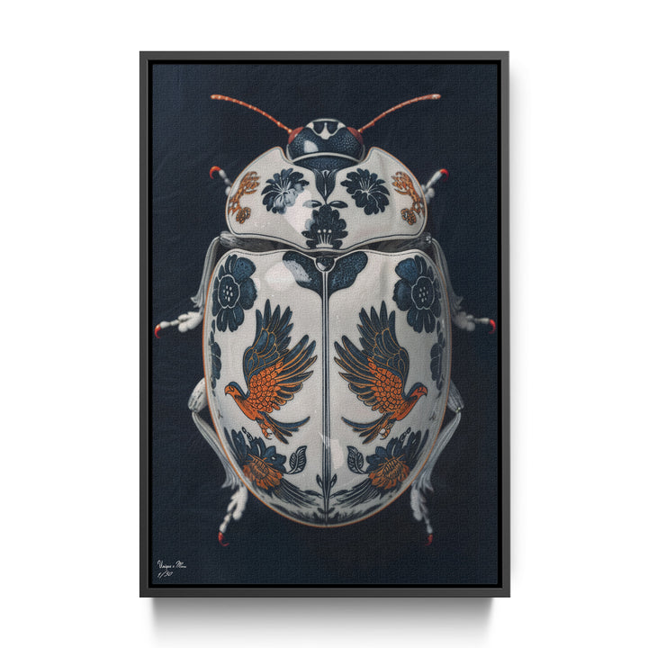 WANDBILD "Porzellan-Käfer mit Vogel- und Blumenmotiven – Delfter Blue Stil" – Acrylglas & Alu-Dibond | Exklusive Limitierte und Moderne Kunst | 1 von 50 Weltweit in Museumsqualität