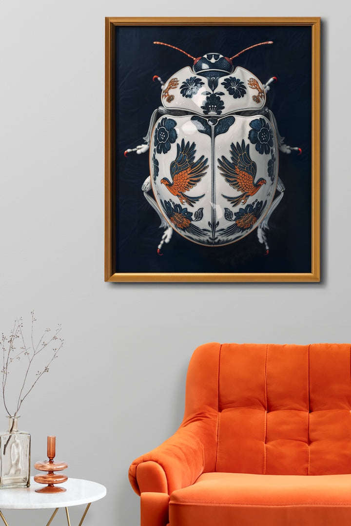 WANDBILD "Porzellan-Käfer mit Vogel- und Blumenmotiven – Delfter Blue Stil" – Acrylglas & Alu-Dibond | Exklusive Limitierte und Moderne Kunst | 1 von 50 Weltweit in Museumsqualität