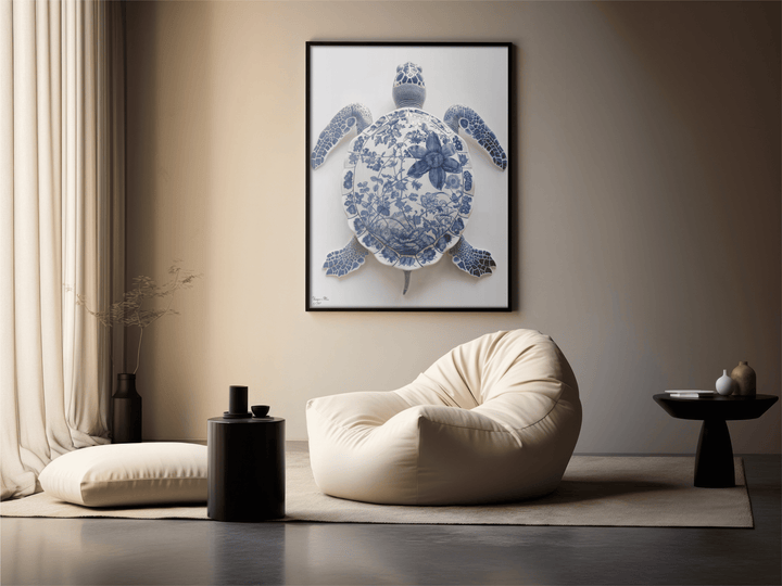 WANDBILD "Porzellan-Schildkröte mit botanischen Motiven – Delfter Blue Stil" – Acrylglas & Alu-Dibond | Exklusive Limitierte und Moderne Kunst | 1 von 50 Weltweit in Museumsqualität