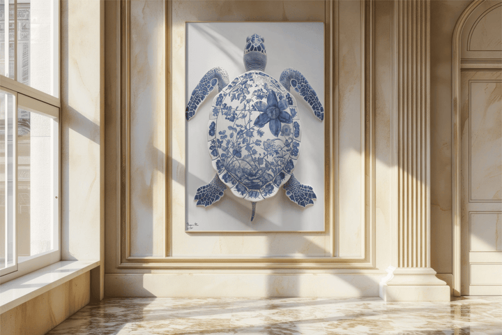 WANDBILD "Porzellan-Schildkröte mit botanischen Motiven – Delfter Blue Stil" – Acrylglas & Alu-Dibond | Exklusive Limitierte und Moderne Kunst | 1 von 50 Weltweit in Museumsqualität