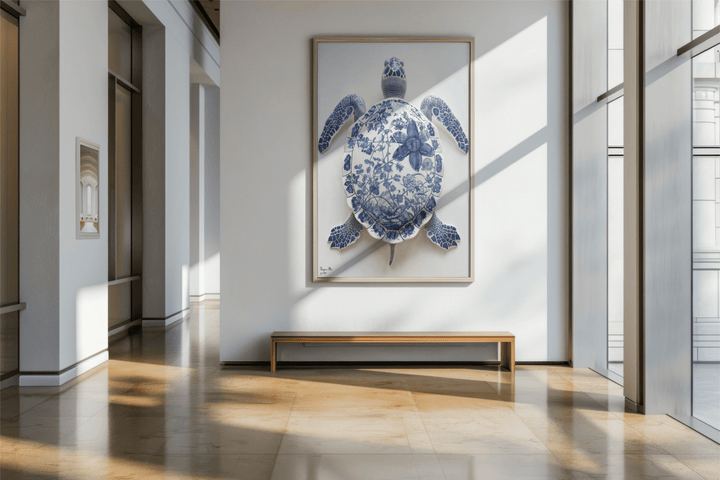 WANDBILD "Porzellan-Schildkröte mit botanischen Motiven – Delfter Blue Stil" – Acrylglas & Alu-Dibond | Exklusive Limitierte und Moderne Kunst | 1 von 50 Weltweit in Museumsqualität