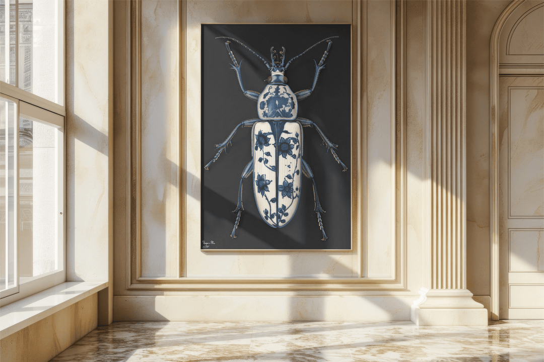 WANDBILD "Porzellan-Käfer mit dekorativen Mustern – Delfter Blue Stil" – Acrylglas & Alu-Dibond | Exklusive Limitierte und Moderne Kunst | 1 von 50 Weltweit in Museumsqualität