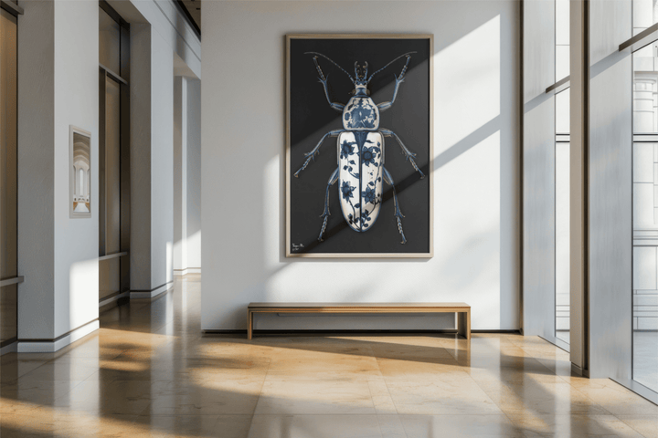 WANDBILD "Porzellan-Käfer mit dekorativen Mustern – Delfter Blue Stil" – Acrylglas & Alu-Dibond | Exklusive Limitierte und Moderne Kunst | 1 von 50 Weltweit in Museumsqualität