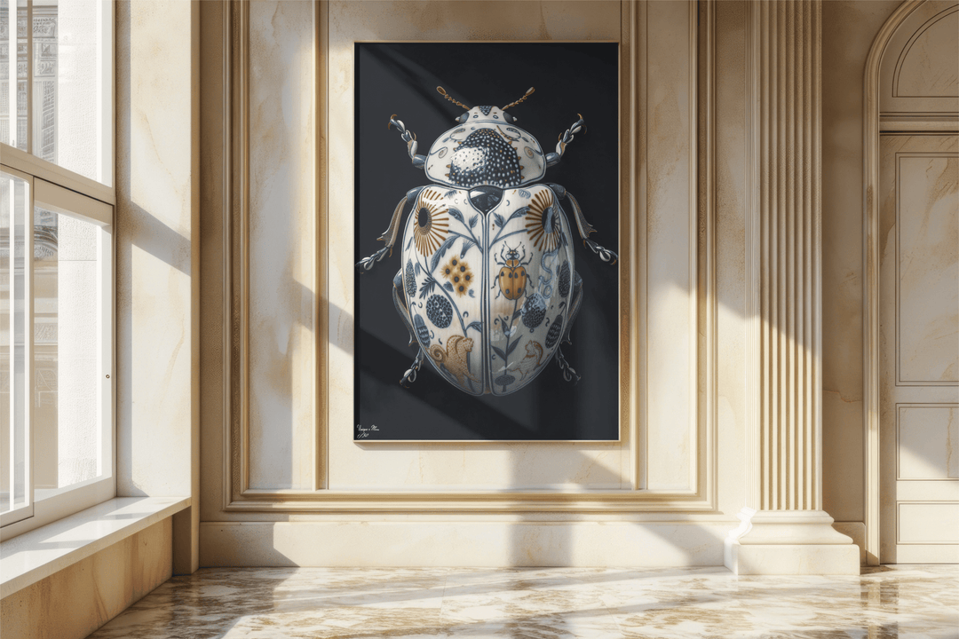 WANDBILD "Porzellan-Käfer mit floralen Aspekten – Delfter Blue Stil" – Acrylglas & Alu-Dibond | Exklusive Limitierte und Moderne Kunst | 1 von 50 Weltweit in Museumsqualität