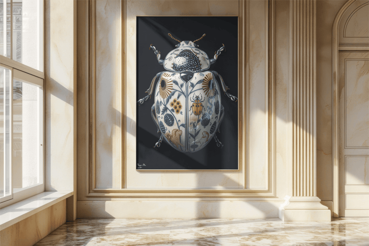 WANDBILD "Porzellan-Käfer mit floralen Aspekten – Delfter Blue Stil" – Acrylglas & Alu-Dibond | Exklusive Limitierte und Moderne Kunst | 1 von 50 Weltweit in Museumsqualität