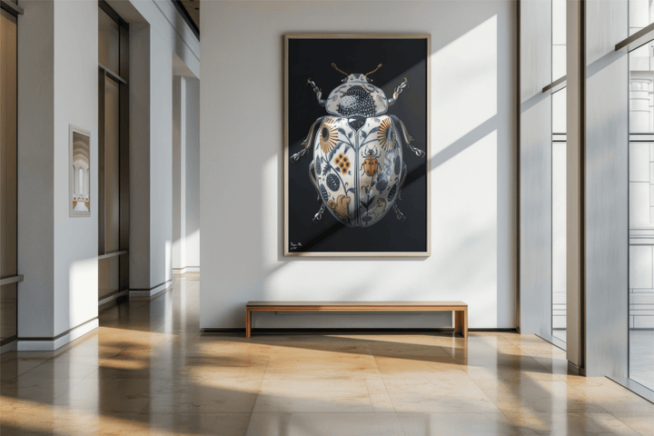 WANDBILD "Porzellan-Käfer mit floralen Aspekten – Delfter Blue Stil" – Acrylglas & Alu-Dibond | Exklusive Limitierte und Moderne Kunst | 1 von 50 Weltweit in Museumsqualität