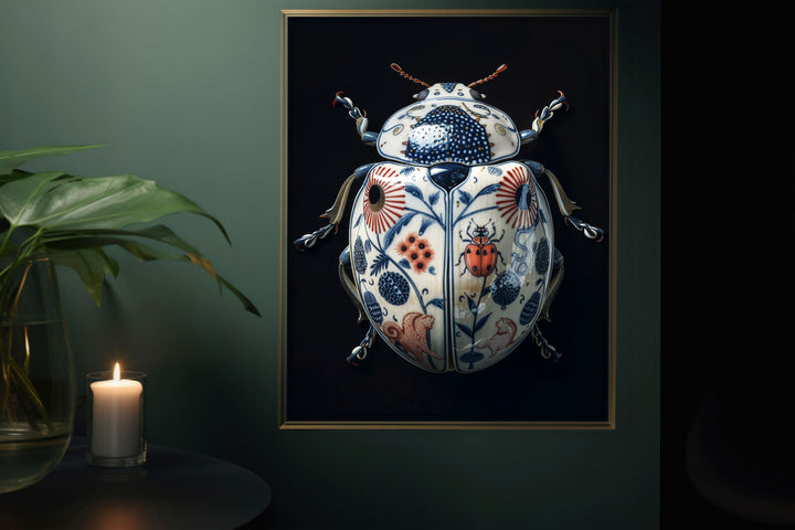 WANDBILD "Porzellan-Käfer mit floralen Aspekten – Delfter Blue Stil" – Acrylglas & Alu-Dibond | Exklusive Limitierte und Moderne Kunst | 1 von 50 Weltweit in Museumsqualität