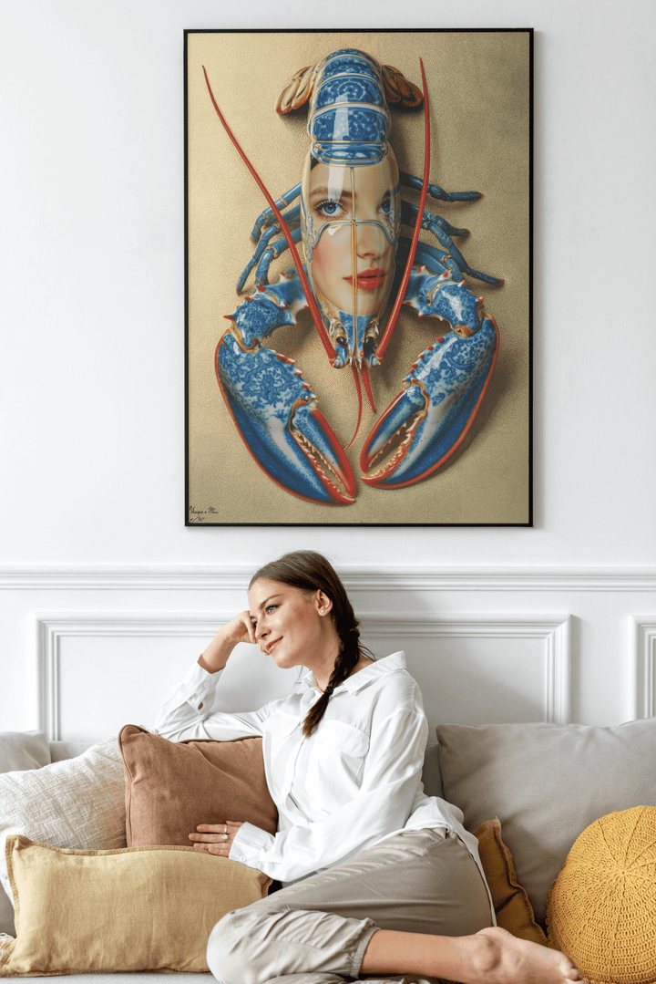 WANDBILD "Porzellan-Hummer mit künstlerischen Elementen und Gesicht – Delfter Blue Stil" – Acrylglas & Alu-Dibond | Exklusive Limitierte und Moderne Kunst | 1 von 50 Weltweit in Museumsqualität